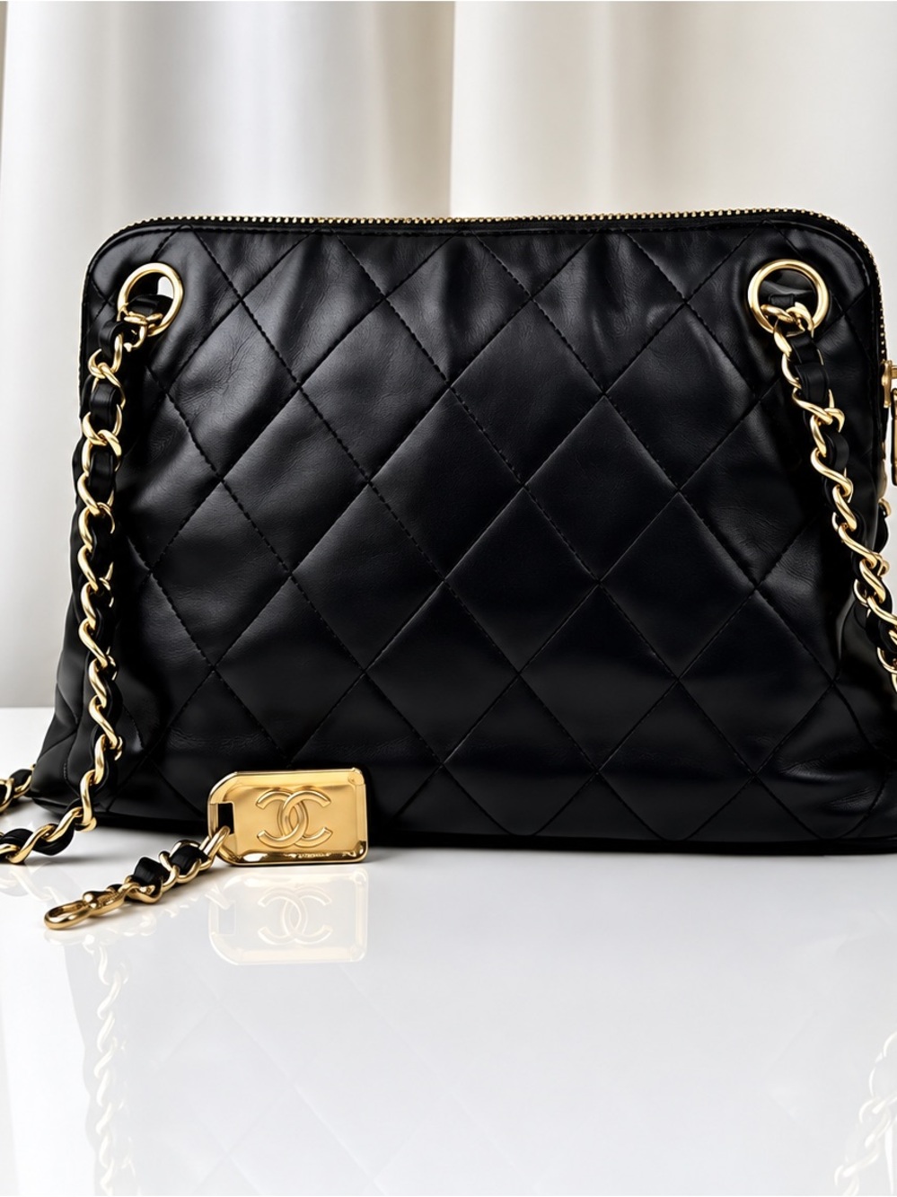 CHANEL Black Quilted Lambskin Shoulder Bag with Gold Hardware